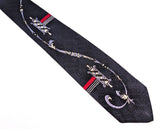 1940s Vintage Necktie – Navy Blue Abstract Scroll Tie with Red Stripe – Retro Swing Era Art Deco Tie – Rockabilly Vintage Men's Tie