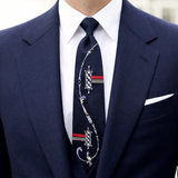 1940s Vintage Necktie – Navy Blue Abstract Scroll Tie with Red Stripe – Retro Swing Era Art Deco Tie – Rockabilly Vintage Men's Tie