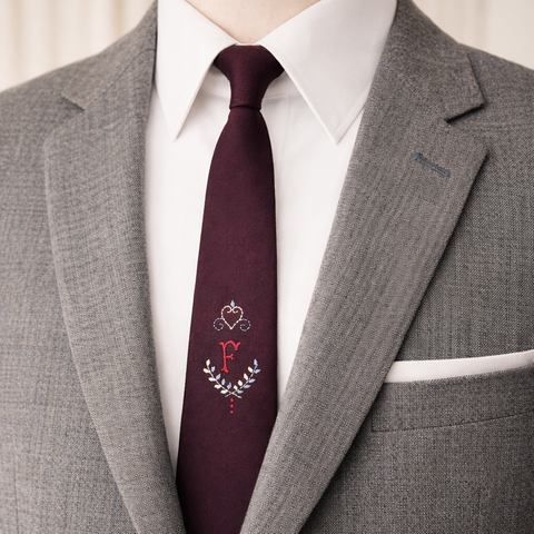 1950s Penneys Towncraft Skinny Tie Monogram F | Vintage Embroidered Necktie | Mid Century Burgundy Narrow Tie | Retro Rockabilly Tie