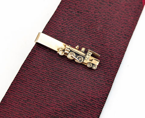 1950s-1960s Vintage Swank Train Tie Clip Gold Tone Metal Mid Century Antique Steam Locomotive Railroad Necktie Accessory for Skinny Ties