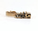 1950s-1960s Vintage Swank Train Tie Clip Gold Tone Metal Mid Century Antique Steam Locomotive Railroad Necktie Accessory for Skinny Ties