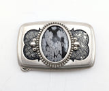 1970s-1980s Vintage Western Belt Buckle with Snowflake Obsidian Stone Cabochon | Cowboy Rodeo Chrome Buckle | Basketweave Engraved Designs