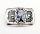 1970s-1980s Vintage Western Belt Buckle with Snowflake Obsidian Stone Cabochon | Cowboy Rodeo Chrome Buckle | Basketweave Engraved Designs