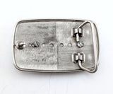1970s-1980s Vintage Western Belt Buckle with Snowflake Obsidian Stone Cabochon | Cowboy Rodeo Chrome Buckle | Basketweave Engraved Designs