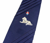 1940s Vintage Royal Blue Pleated Necktie with Lion & Crest Design Rayon Crepe Tie Retro Menswear by Haband of Paterson New Jersey