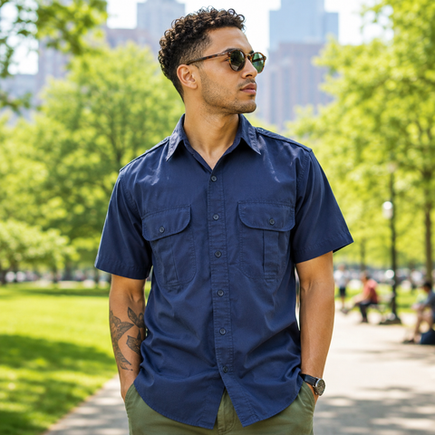 1980s Vintage Navy Blue Safari Shirt – Military Style Short Sleeve Button Up Men's Utility Field Shirt by Wells & Morris - Size SMALL