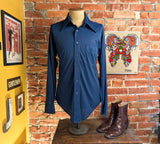 1970s Vintage Blue Disco Shirt | Dagger Collar Polyester Knit Button Up | Retro Long Sleeve Mod Shirt | Men's 70s Career Club - Size MEDIUM