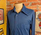 1970s Vintage Blue Disco Shirt | Dagger Collar Polyester Knit Button Up | Retro Long Sleeve Mod Shirt | Men's 70s Career Club - Size MEDIUM
