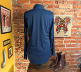 1970s Vintage Blue Disco Shirt | Dagger Collar Polyester Knit Button Up | Retro Long Sleeve Mod Shirt | Men's 70s Career Club - Size MEDIUM