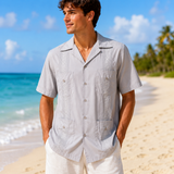 1990s Vintage Men's Light Gray Guayabera Mexican Beach Wedding Shirt – Size XL
