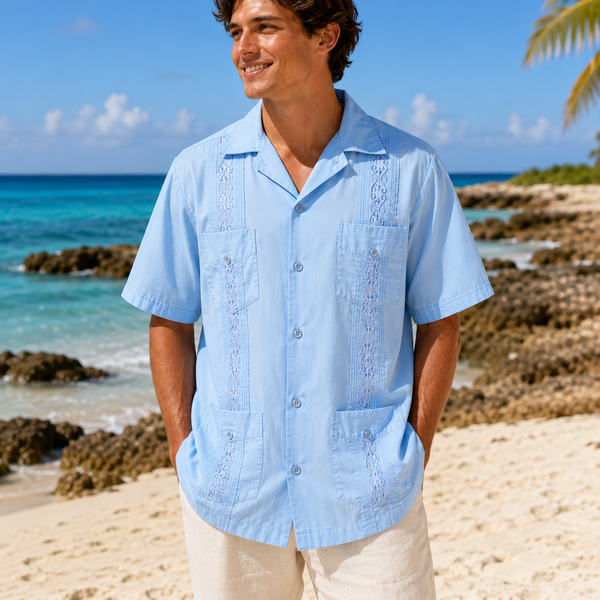 1990s Vintage Men's Light Blue Guayabera Mexican Beach Wedding Shirt – Size XL