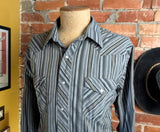 1980s Vintage Wrangler Gray & Black Striped Western Shirt Men's Cowboy Style Long Sleeve Pearl Snap Shirt - Size XL