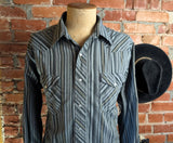 1980s Vintage Wrangler Gray & Black Striped Western Shirt Men's Cowboy Style Long Sleeve Pearl Snap Shirt - Size XL
