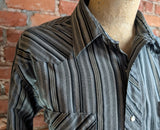 1980s Vintage Wrangler Gray & Black Striped Western Shirt Men's Cowboy Style Long Sleeve Pearl Snap Shirt - Size XL