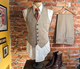 1970s 3 Piece MISTER GUY Tan Tweed Look Disco Era Suit Wide Lapel Men's Vintage Jacket/Blazer, Vest & Pants/Trousers - Size 42 (LARGE)