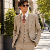 1970s 3 Piece MISTER GUY Tan Tweed Look Disco Era Suit Wide Lapel Men's Vintage Jacket/Blazer, Vest & Pants/Trousers - Size 42 (LARGE)