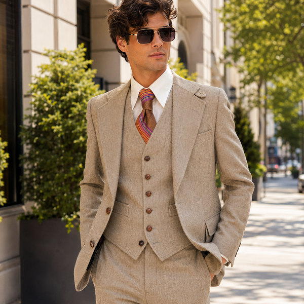 1970s 3 Piece MISTER GUY Tan Tweed Look Disco Era Suit Wide Lapel Men's Vintage Jacket/Blazer, Vest & Pants/Trousers - Size 42 (LARGE)