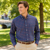 1980s Vintage Blue Plaid Button Down Collar Men's Shirt Preppy Ivy League Cotton Blend Shirt by Bond Street - Size XL