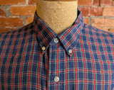 1980s Vintage Blue Plaid Button Down Collar Men's Shirt Preppy Ivy League Cotton Blend Shirt by Bond Street - Size XL