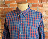 1980s Vintage Blue Plaid Button Down Collar Men's Shirt Preppy Ivy League Cotton Blend Shirt by Bond Street - Size XL