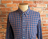 1980s Vintage Blue Plaid Button Down Collar Men's Shirt Preppy Ivy League Cotton Blend Shirt by Bond Street - Size XL