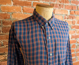 1980s Vintage Blue Plaid Button Down Collar Men's Shirt Preppy Ivy League Cotton Blend Shirt by Bond Street - Size XL