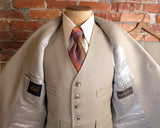 1970s 3 Piece MISTER GUY Beige 3 Button Suit Jacket, Vest & Trousers Disco Era Wide Lapel Men's Vintage Suit Cesarini - Size 42 (LARGE)