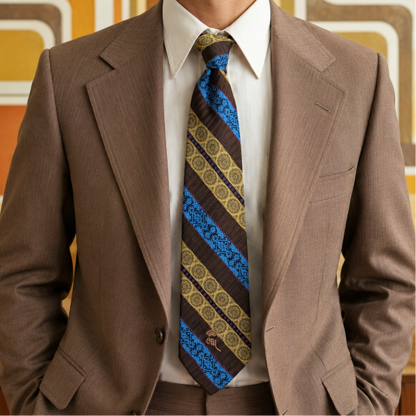 1970s COUNTESS MARA Tie Men's Vintage Brown, Gold & Blue Disco Era Men's Tie Retro Mod Polyester Necktie Made in USA