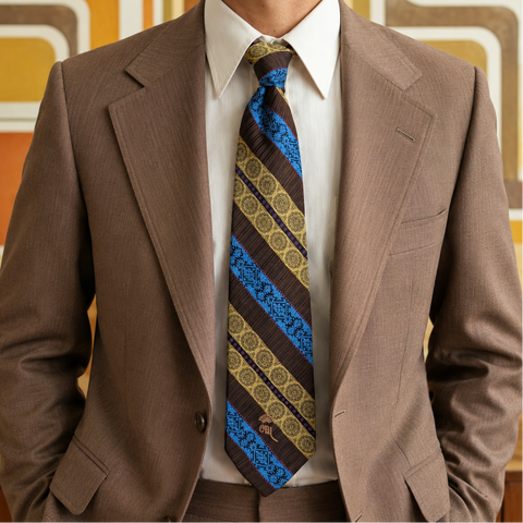 1970s COUNTESS MARA Tie Men's Vintage Brown, Gold & Blue Disco Era Men's Tie Retro Mod Polyester Necktie Made in USA
