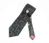 1970s Vintage Handmade in Italy Wide Necktie – Forest Green & Black Jacquard Damask – 100% Terytal Textured Polyester Nautical Disco Era Tie