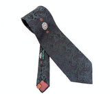 1970s Vintage Handmade in Italy Wide Necktie – Forest Green & Black Jacquard Damask – 100% Terytal Textured Polyester Nautical Disco Era Tie