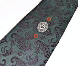 1970s Vintage Handmade in Italy Wide Necktie – Forest Green & Black Jacquard Damask – 100% Terytal Textured Polyester Nautical Disco Era Tie