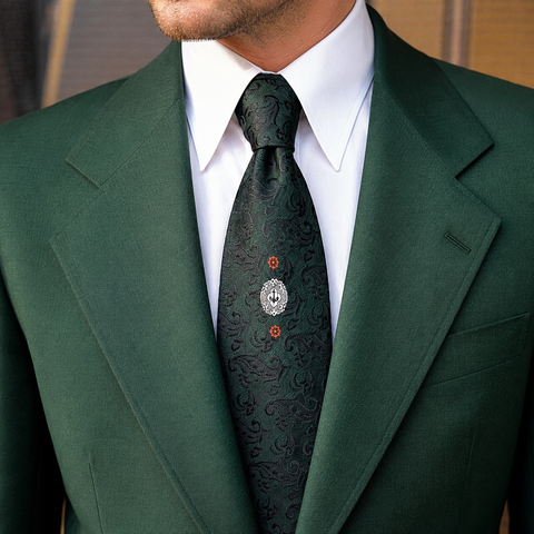 1970s Vintage Handmade in Italy Wide Necktie – Forest Green & Black Jacquard Damask – 100% Terytal Textured Polyester Nautical Disco Era Tie