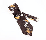 1970s Vintage Wide Floral Tie Brown Polyester Disco Era Necktie with Orange, Yellow & White Flowers by Montgomery Ward