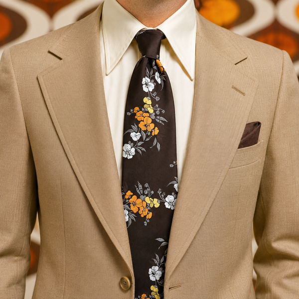 1970s Vintage Wide Floral Tie Brown Polyester Disco Era Necktie with Orange, Yellow & White Flowers by Montgomery Ward