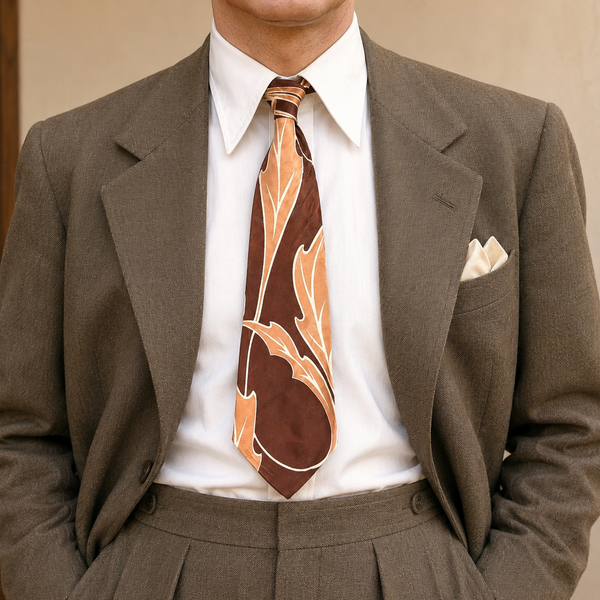 1940s Copper Swing Era Tie Men's Vintage Wide 40s Art Deco Necktie w/ Printed Oak Leaf Designs Made in U.S.A. by ARROW
