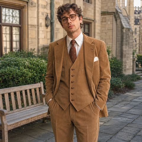 1980s 3 Piece Corduroy Suit Mens Camel Brown English Country Style, Dark Academia, Professor Blazer, Vest & Pants/Trousers - Size 44 (LARGE)