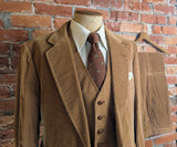 1980s 3 Piece Corduroy Suit Mens Camel Brown English Country Style, Dark Academia, Professor Blazer, Vest & Pants/Trousers - Size 44 (LARGE)