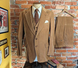 1980s 3 Piece Corduroy Suit Mens Camel Brown English Country Style, Dark Academia, Professor Blazer, Vest & Pants/Trousers - Size 44 (LARGE)