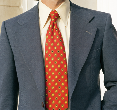 1970s Vintage Silk Woolf Brothers Tie Late 70s Red All Silk Necktie from Italy Gold Medallion Foulard Print Wide Men's Disco era Tie
