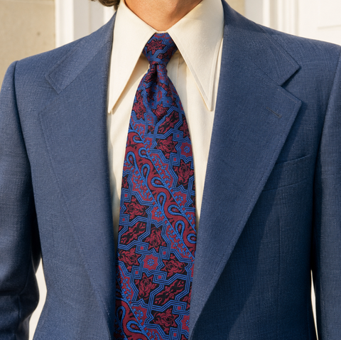 1970s Vintage Wembley Wide Tie Disco Era Blue, Red & Black Geometric Paisley Wemlon Fabric Necktie for Blue, Black or Gray Suit