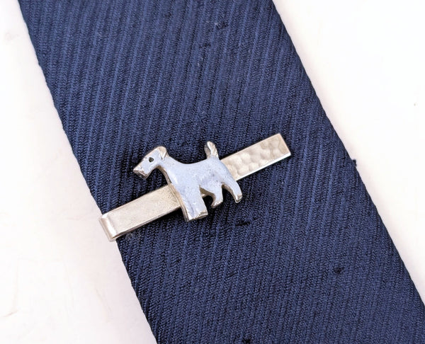 1950s-1960s Vintage Terrier Dog Tie Clip | Silver Tone Skinny Tie Bar | Gray Painted Terrier Tie Clasp | Mid Century Men's Accessory