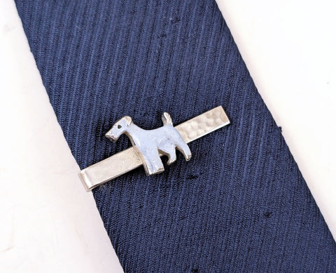 1950s-1960s Vintage Terrier Dog Tie Clip | Silver Tone Skinny Tie Bar | Gray Painted Terrier Tie Clasp | Mid Century Men's Accessory