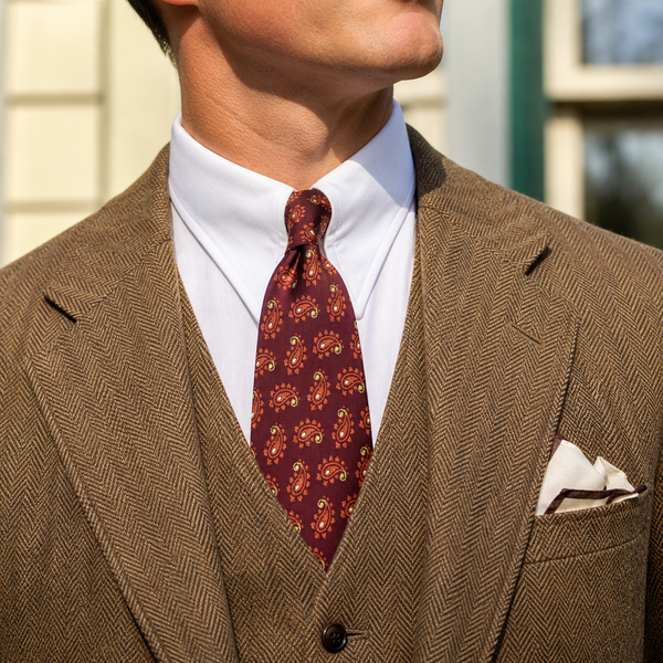 1930s Art Deco Men's Silk Tie Paisley Gatsby Era Burgundy Jacquard Necktie with Woven Paisley Designs by Grayco California End-Lock