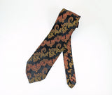 1970s Vintage Baroque Brocade Necktie | Black Copper & Gold Acetate Jacquard Tie | Extra Long Retro Men's Wide Tie | Mod Disco Era Neckwear