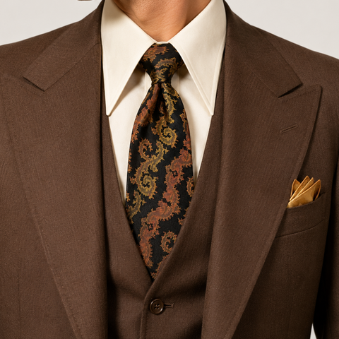 1970s Vintage Baroque Brocade Necktie | Black Copper & Gold Acetate Jacquard Tie | Extra Long Retro Men's Wide Tie | Mod Disco Era Neckwear