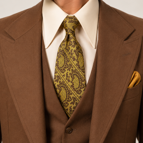 1970s Vintage Wide Silk Paisley Necktie | Gold & Brown Disco Era Tie | Extra Long 60" All Silk Retro Men's Statement Necktie