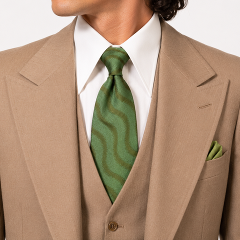 1970s Vintage Psychedelic Green Necktie | Wide Green & Gold Wave Pattern Tie | Acetate Rayon Disco Era Retro Men's Neckwear