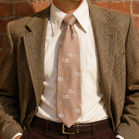 1970s Vintage Sears Wide Necktie Brown Taupe Abstract Floral Nylon Disco Era Tie 4.25 Inch Wide