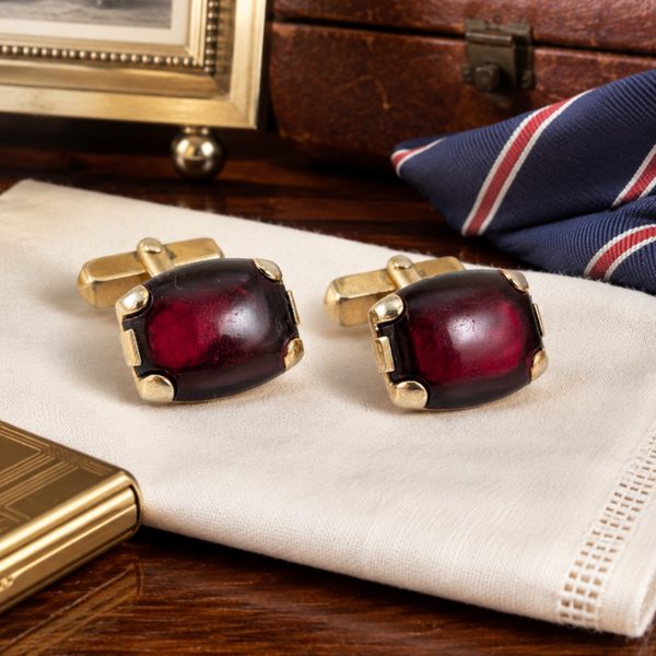 1940s Vintage SWANK Men's Cufflinks Cherry Juice Bakelite Gold Tone Ruby Red Cuff Links Mid Century Men’s Jewelry